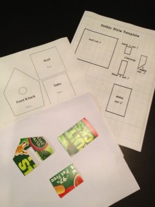 Find house shapes online and print to create templates. Stick them onto card (I use old food boxes) and your ready to make houses galore.